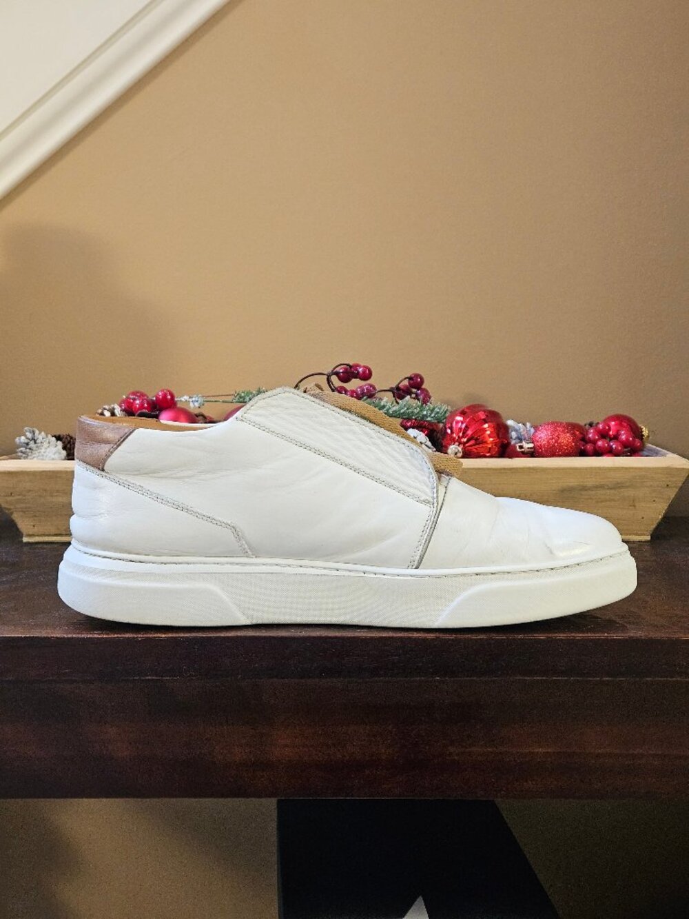 Bruno Magli Men's Phoster Mid-Top Casual Leather Sneakers, White/Khaki, Sz 13 - Picture 8 of 16